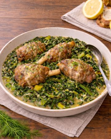 Αρνί φρικασέ με άγρια χόρτα