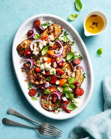 Grilled eggplant with feta and cherry tomatoes