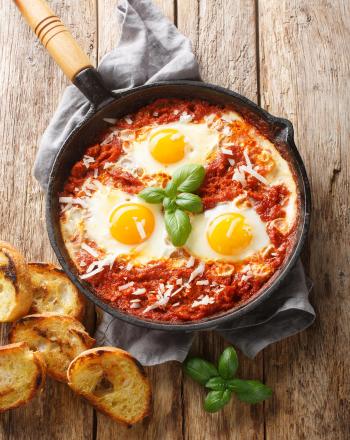 Μαροκινό Shakshuka ή αλλιώς αυγά ματια σε πικάντικη σάλτσα ντομάτας Αυγά shakshuka