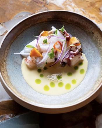 Ceviche με χταπόδι, γλυκοπατάτα και γαρίδα Χταπόδι με γλυκοπατάτα και γαρίδα