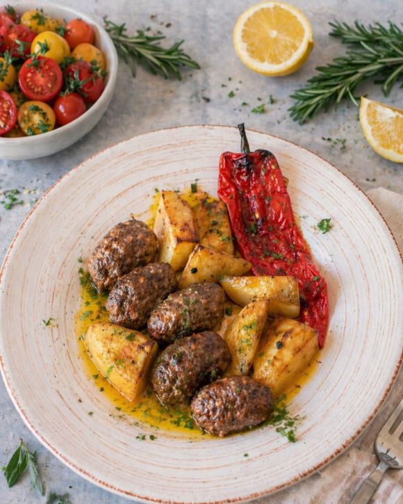 Σουτζουκάκια στο φούρνο με πατάτες και πιπεριές